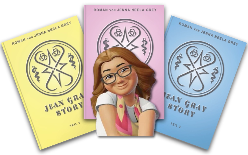 Autorin als Comicfigur im Vordergrund, die drei Buchcover von der Romanreihe Jean Gray Story aufgefächert im Hintergrund